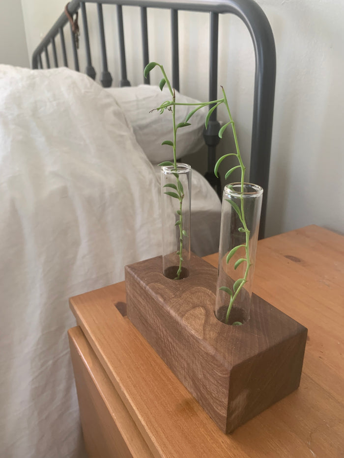 Solid Walnut Glass Test Tube Plant Cradle and Lavender Diffuser