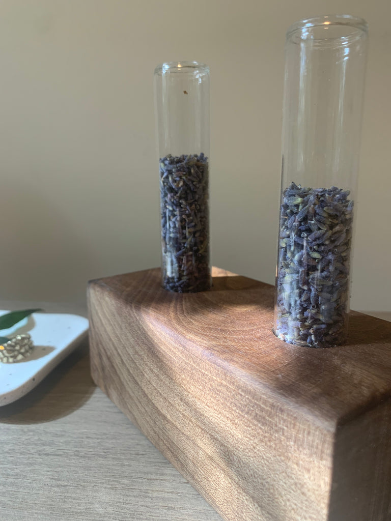 Solid Walnut Glass Test Tube Plant Cradle and Lavender Diffuser