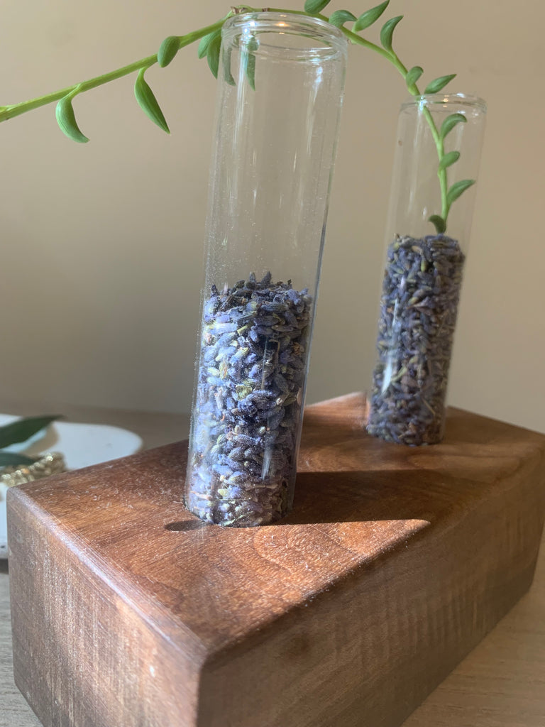 Solid Walnut Glass Test Tube Plant Cradle and Lavender Diffuser