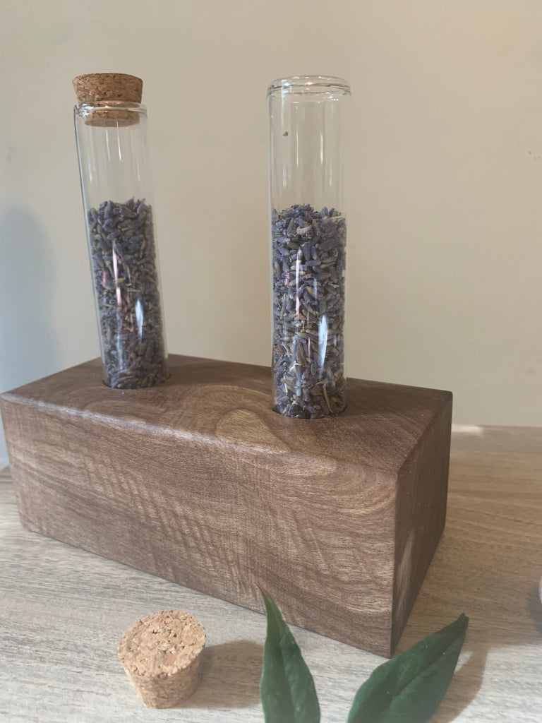 Solid Walnut Glass Test Tube Plant Cradle and Lavender Diffuser