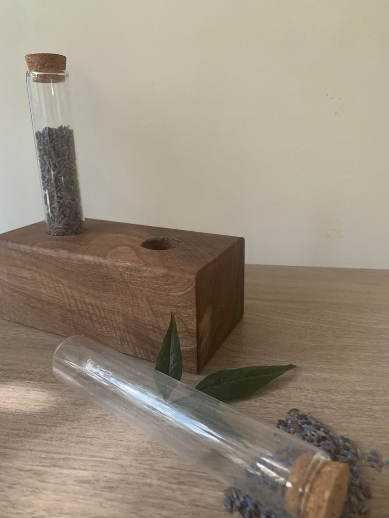 Solid Walnut Glass Test Tube Plant Cradle and Lavender Diffuser